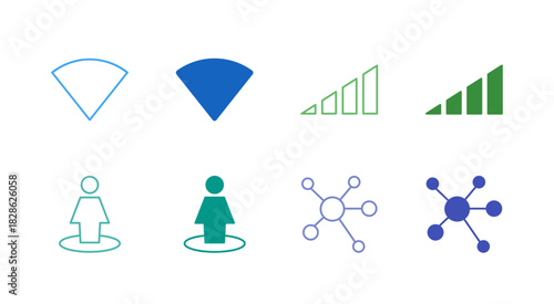 Flat Colored Wi-Fi and Network Icon Set in Outline and Solid Style for Connectivity and Signal Status