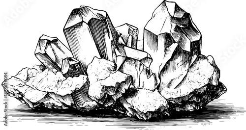 Vintage engraving of laminated mica clusters in decorative sketch design for posters and cards