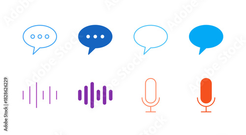 Flat Colored Chat and Microphone Icon Set in Outline and Solid Style for Communication and Voice Input