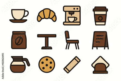 Chair espresso holder table sugar vector cup bag icon icons coffee croissant
