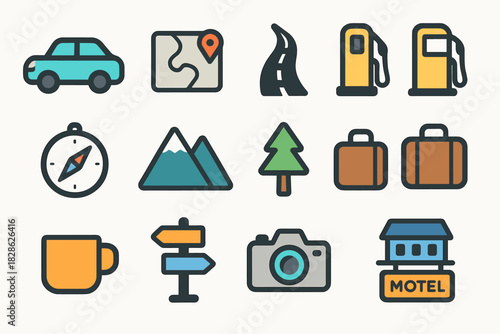 Vector road tree icon compass line signpost cup trip icons car map