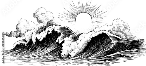 Vintage engraving of radiating waves with sunburst and clouds for artistic design