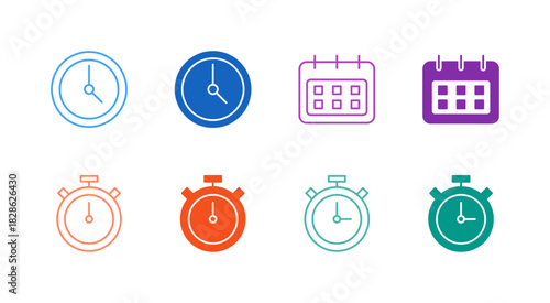 Flat Colored Time and Calendar Icon Set in Outline and Solid Style for Scheduling and Productivity