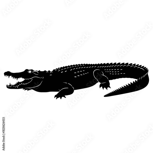Black crocodile silhouette with open mouth isolated on white background