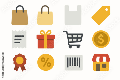 Collection logo plastic icon discount bag barcode cart coin shopping vector receipt