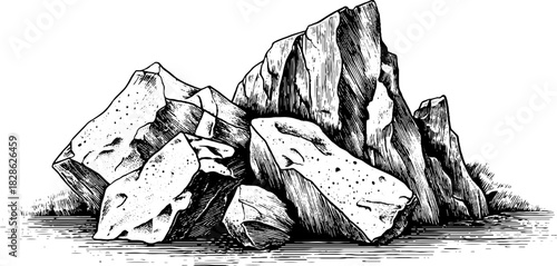 Engraved diorite rock fragment illustration for vintage design