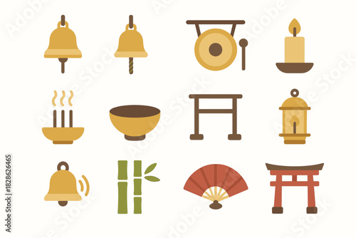Gate incense rope bamboo bowl temple lantern bells icon sound stand vector