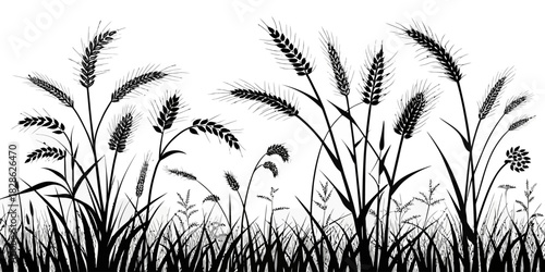 Silhouette illustration of wheat and grass field against a white background scene