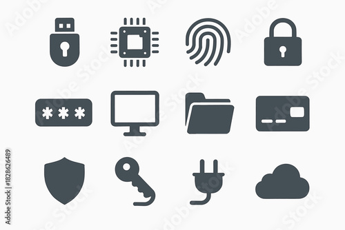 Vector digital plug chip security lock wire key card usb shield icon