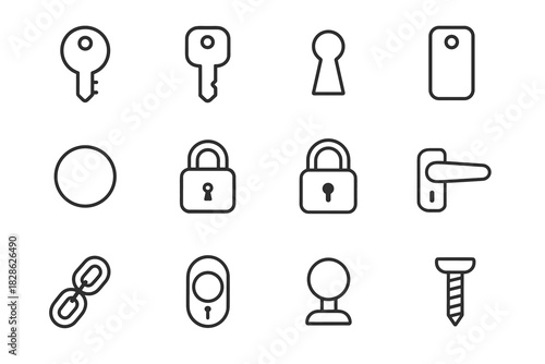 Outline vector flat tag chain knob round minimal padlock ring icon key