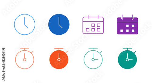 Flat Colored Time and Calendar Icon Set in Outline and Solid Style for Scheduling and Productivity