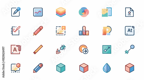 A minimalistic, flat design vector icon sheet (20 icons) representing digital creative tools and design concepts. Include icons for a color palette, digital pen/stylus, layers, gradient