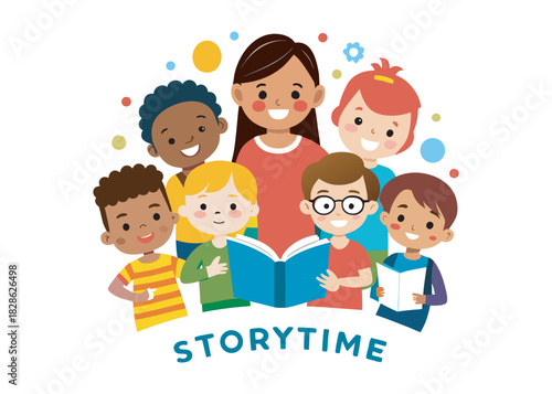 Engaging storytelling session with children in flat vector illustration art logo icon on white background