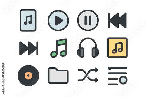App note icons record music vector smartphone pause headphones album skip folder