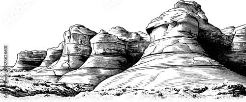 Hand drawn engraving of sediment dome formations in a desert landscape for retro design