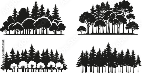 Forest tree silhouette set, black and white vector landscape collection of pine and deciduous woods for nature background design.