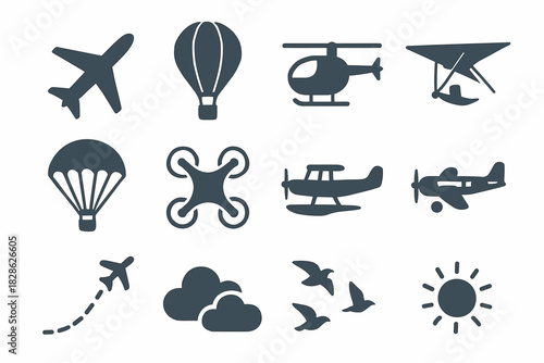 Sky airplane silhouette path distant line air icons clouds balloon travel vector