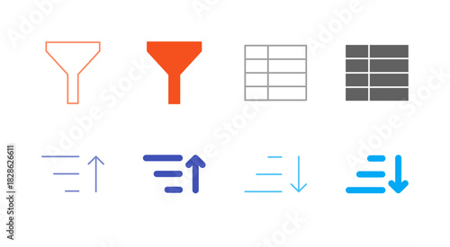 Flat Colored Filter and Sort Icon Set in Outline and Solid Style for Data Table and Organization
