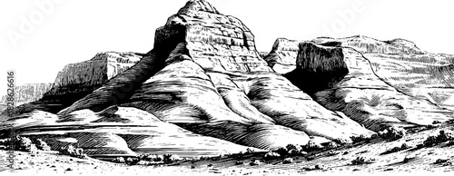 Vintage hand drawn engraving of sediment dome formations in scenic landscape for retro design