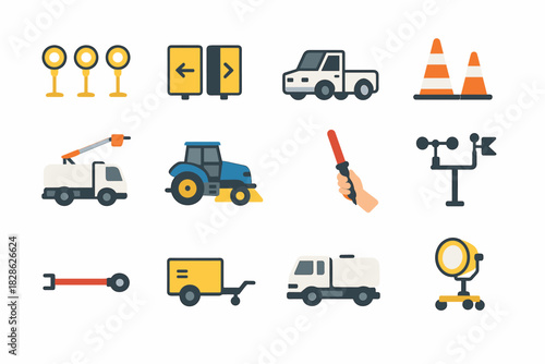 Taxiway signs towing icons truck aircraft icon runway sweeper airport vector markers