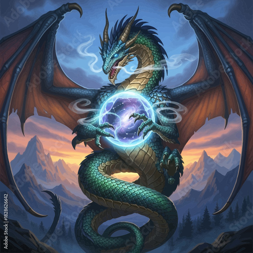 Majestic dragon holding mystical orb silhouette isolated on white background