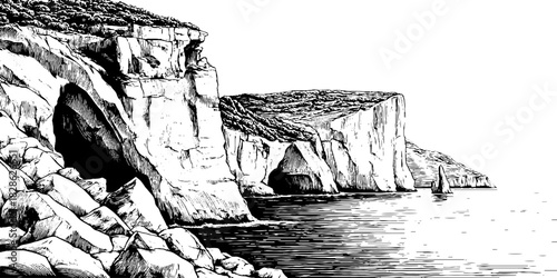 Engraved landscape illustration of coastal cliffs and sediment layers