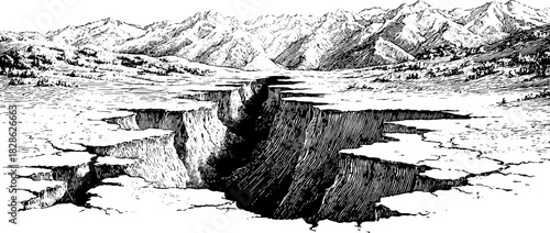 Engraved decorative illustration of sediment fault layers in mountainous landscape