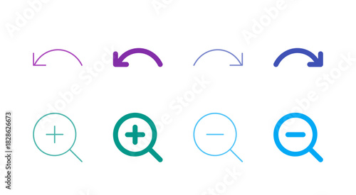 Flat Colored History and Zoom Icon Set in Outline and Solid Style for View Control and Revision Functions