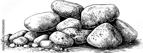 Engraved decorative illustration smoothed quartz river stones nature design pattern.
