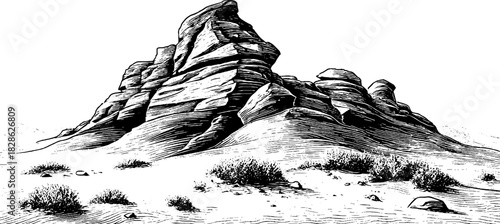 Engraved decorative illustration of stacked dune rock layers in desert landscape
