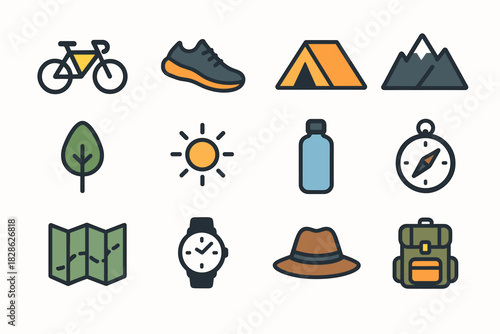 Icon tent bottle compass sun activity shoe water outdoor tree vector mountain