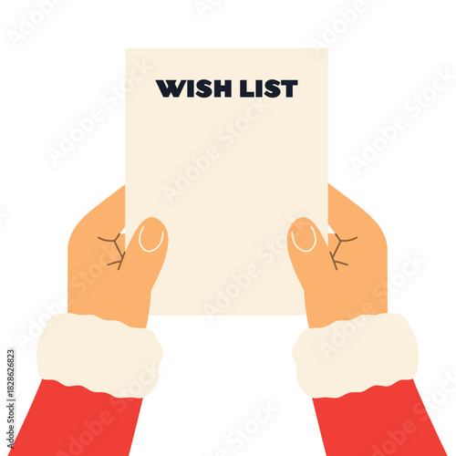 Santa Claus hands holding a wish list, Christmas holiday illustration, festive winter design, Santa reading letter