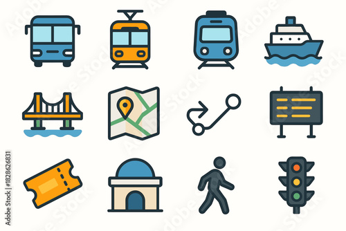 Metro vector bus path building road map icons network light ferry icon