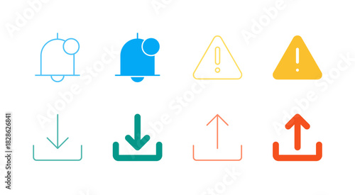 Flat Colored Status and Mailbox Icon Set in Outline and Solid Style for System Information and Communication