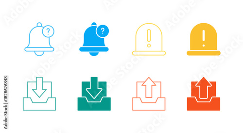 Flat Colored Status and Mailbox Icon Set in Outline and Solid Style for System Information and Communication