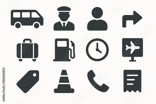Road clock cone minibus shuttle driver luggage icons service arrow vector icon