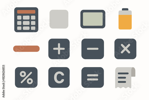 Screen percentage addition display key vector calculator buttons battery icons minimalist paper