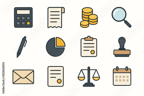 Calculation icons calculator tax pen magnifying bill stamp coins icon pie vector