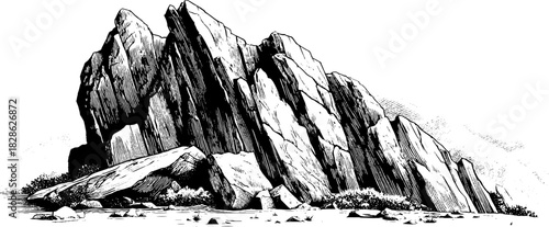 Engraved decorative illustration of a steep shale ridge fracture in nature