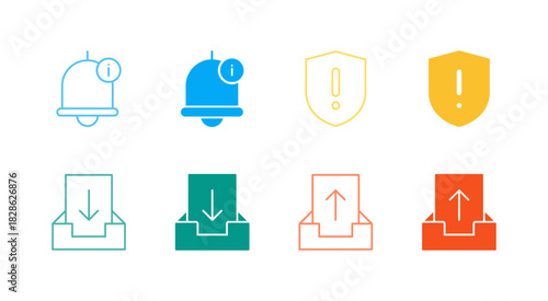 Flat Colored Status and Mailbox Icon Set in Outline and Solid Style for System Information and Communication