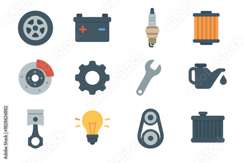 Vector icon piston auto parts brake spark icons belt wrench disc light