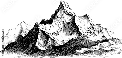 Engraved decorative illustration of steep shale ridge for nature design and prints