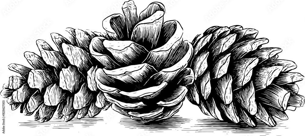 Naklejka premium Vintage engraved illustration of triple shell pine cone arrangement for retro designs