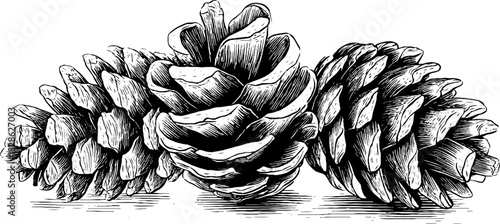 Vintage engraved illustration of triple shell pine cone arrangement for retro designs