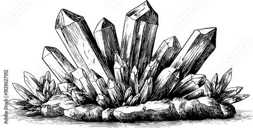 Intricate hand drawn crystal cluster for decorative design and print