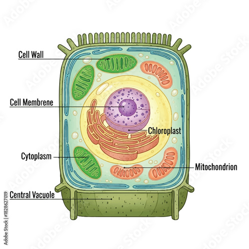 Detailed 2D flat illustration of a plant cell structure showcasing the internal cytoplasm, protective cell membrane, and rigid outer cell wall isolated on a clean white background.