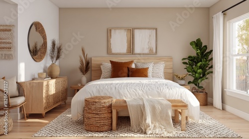 Cozy and Elegant Bedroom Interior with Natural Elements, Warm Tones, and Minimalistic Design for Relaxation and Comfort