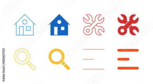 Flat Colored Essential Navigation Icon Set in Outline and Solid Style for App and Web User Interface