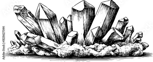 Vintage hand drawn illustration of tri ridged crystalline structure for decorative design