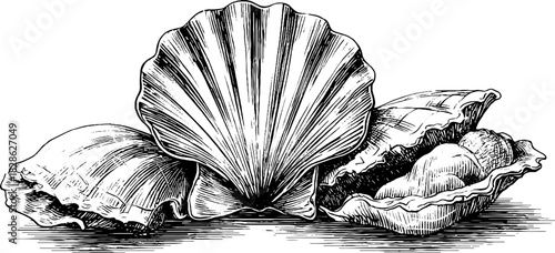 Decorative vintage illustration of engraved washed coral fragments for coastal design and decor